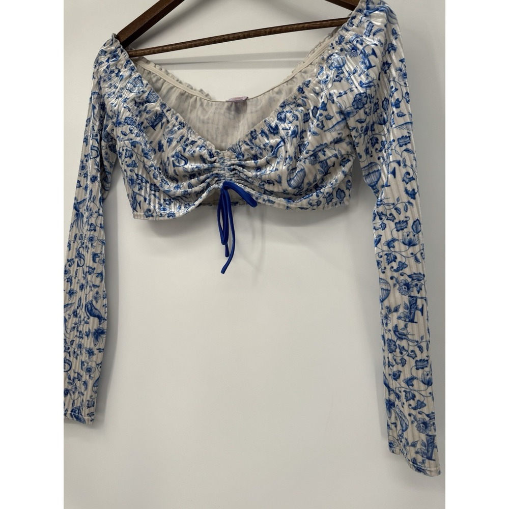 Coquette Blue Toile Ruched Drawstring Crop Top Milkmaid Corset Long sleeve - Picture 4 of 9
